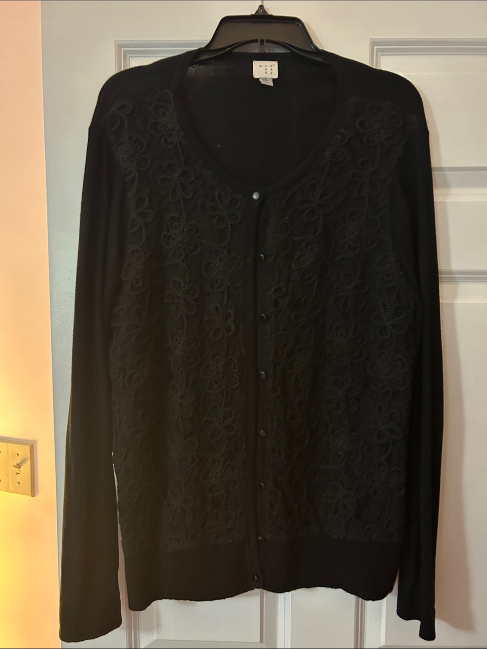 A New Day Black Brocade and Lace-Front Button Cardigan. Size XXL
